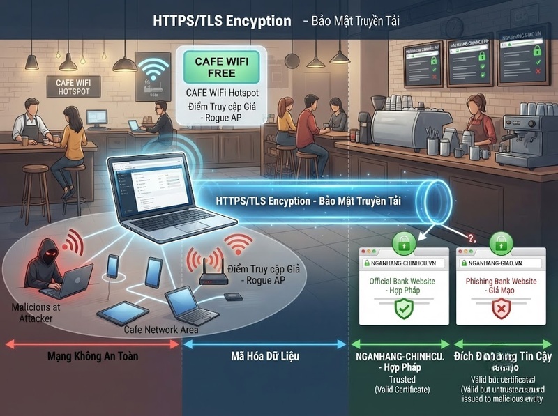 An toàn khi dùng Wi-Fi công cộng cần tránh những hoạt động và kết nối nào?