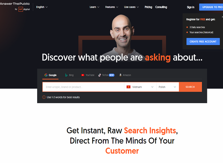 Hướng dẫn sử dụng AnswerThePublic để tìm ý tưởng SEO miễn phí