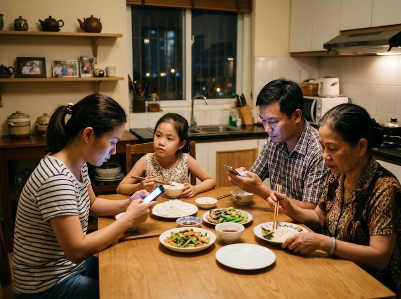 Mất cân bằng công nghệ trong gia đình biểu hiện qua thời gian và tương tác nào?