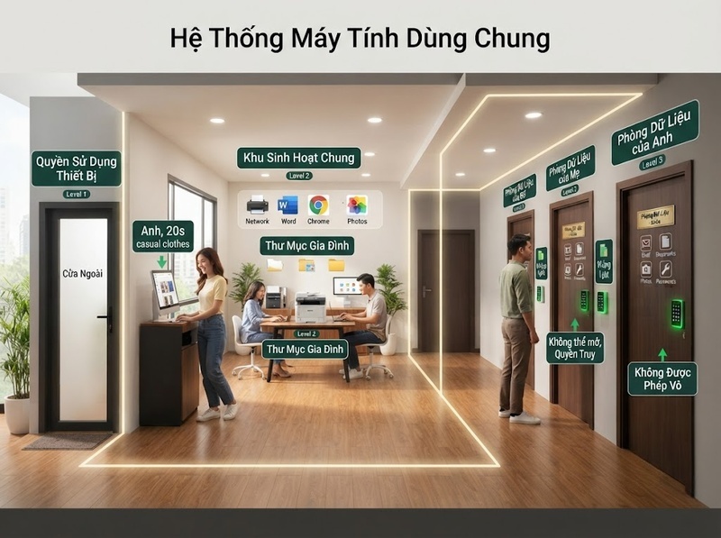 Quyền truy cập thiết bị dùng chung nên phân định giữa dữ liệu chung và riêng thế nào?