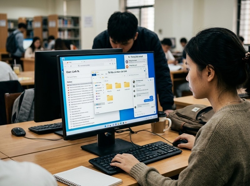 Rủi ro quyền riêng tư khi dùng chung thiết bị phát sinh từ dữ liệu nào?